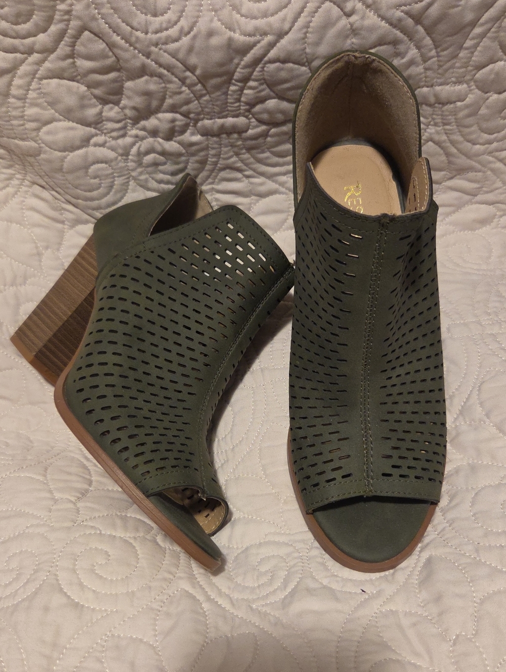 Restricted Olive Laser-Cut Peep-Toe Block Heel Mules